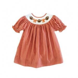NEW TEETA girl's gingham smocked football kate dress in burnt orange